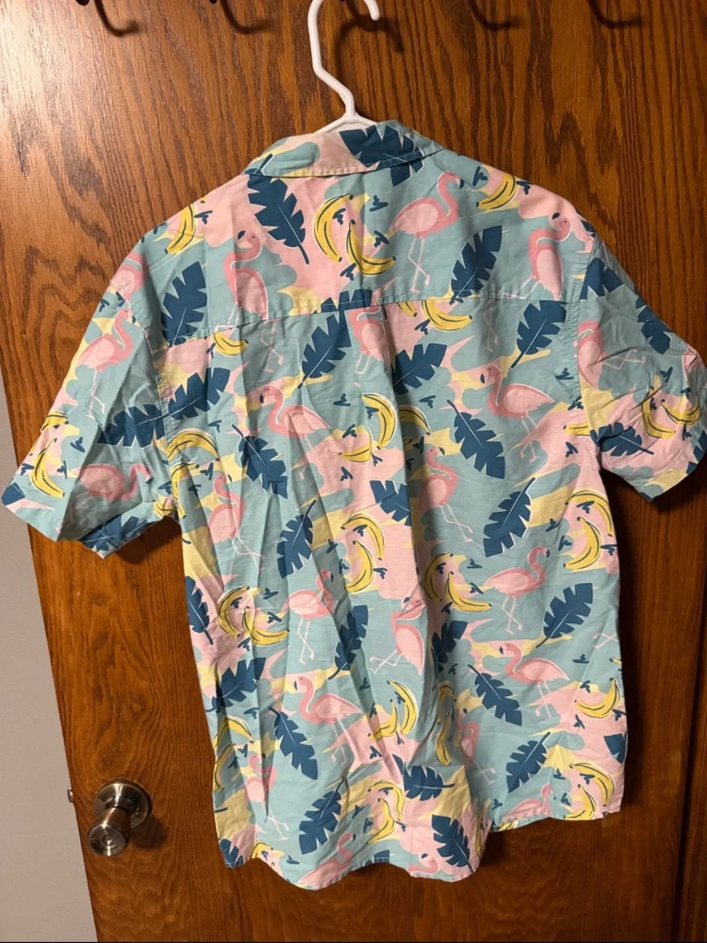 Men’s Tropical Flamingo Short Sleeve Shirt - Pastel Pink/Blue - Picture 3 of 3